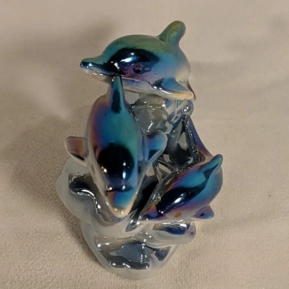 Vintage 3 Dolphin Figurine Sculpture Decor Iridescent Dolphins Waves Collectible - Picture 2 of 12